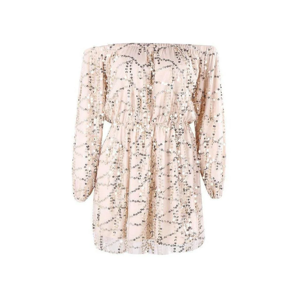 Off Shoulder Beige Sequin Play Suit