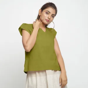 Olive Green A-Line Puff Sleeves 100% Cotton Top