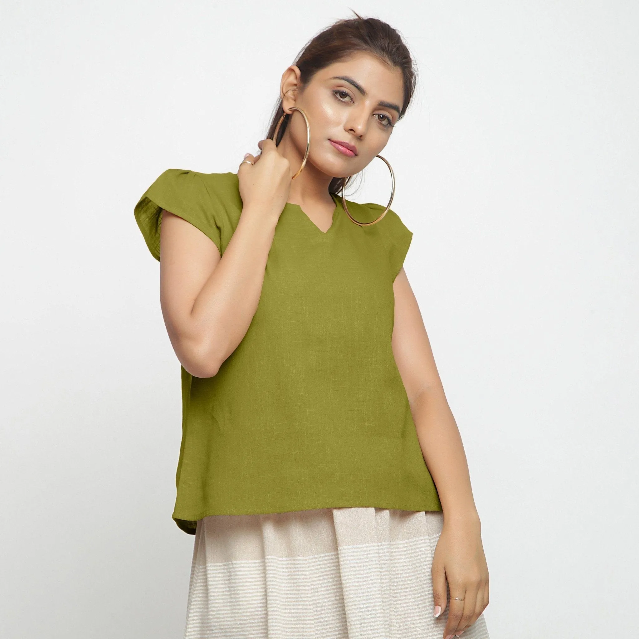 Olive Green A-Line Puff Sleeves 100% Cotton Top