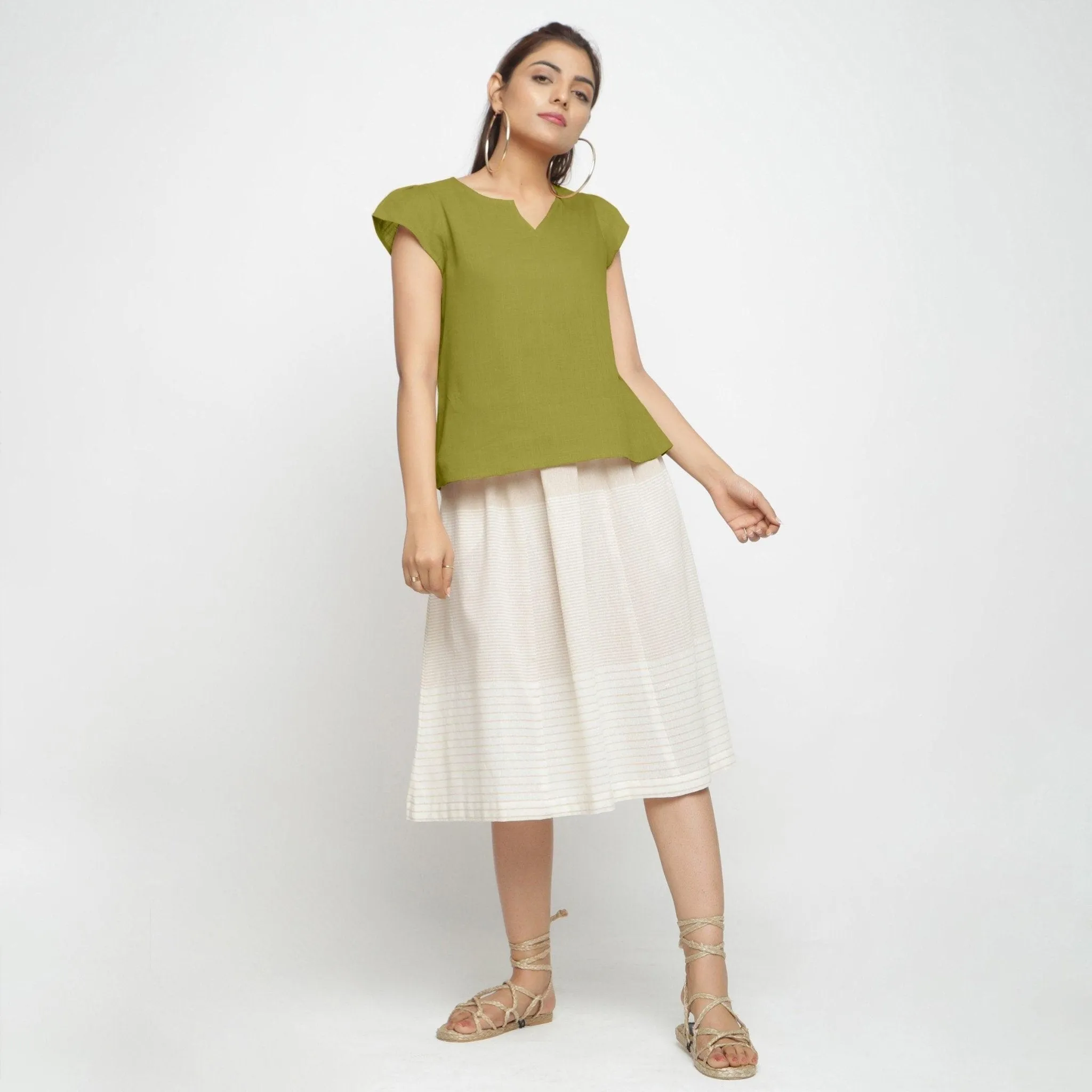 Olive Green A-Line Puff Sleeves 100% Cotton Top