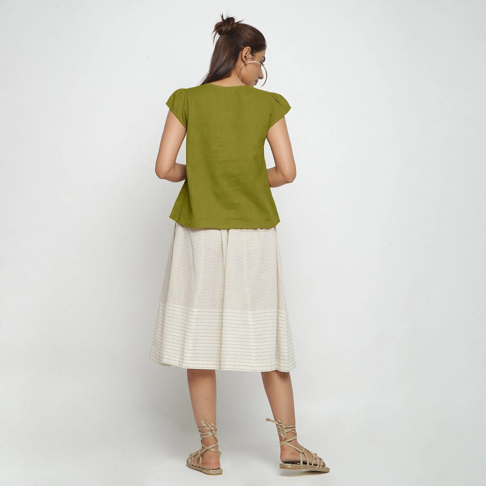 Olive Green A-Line Puff Sleeves 100% Cotton Top