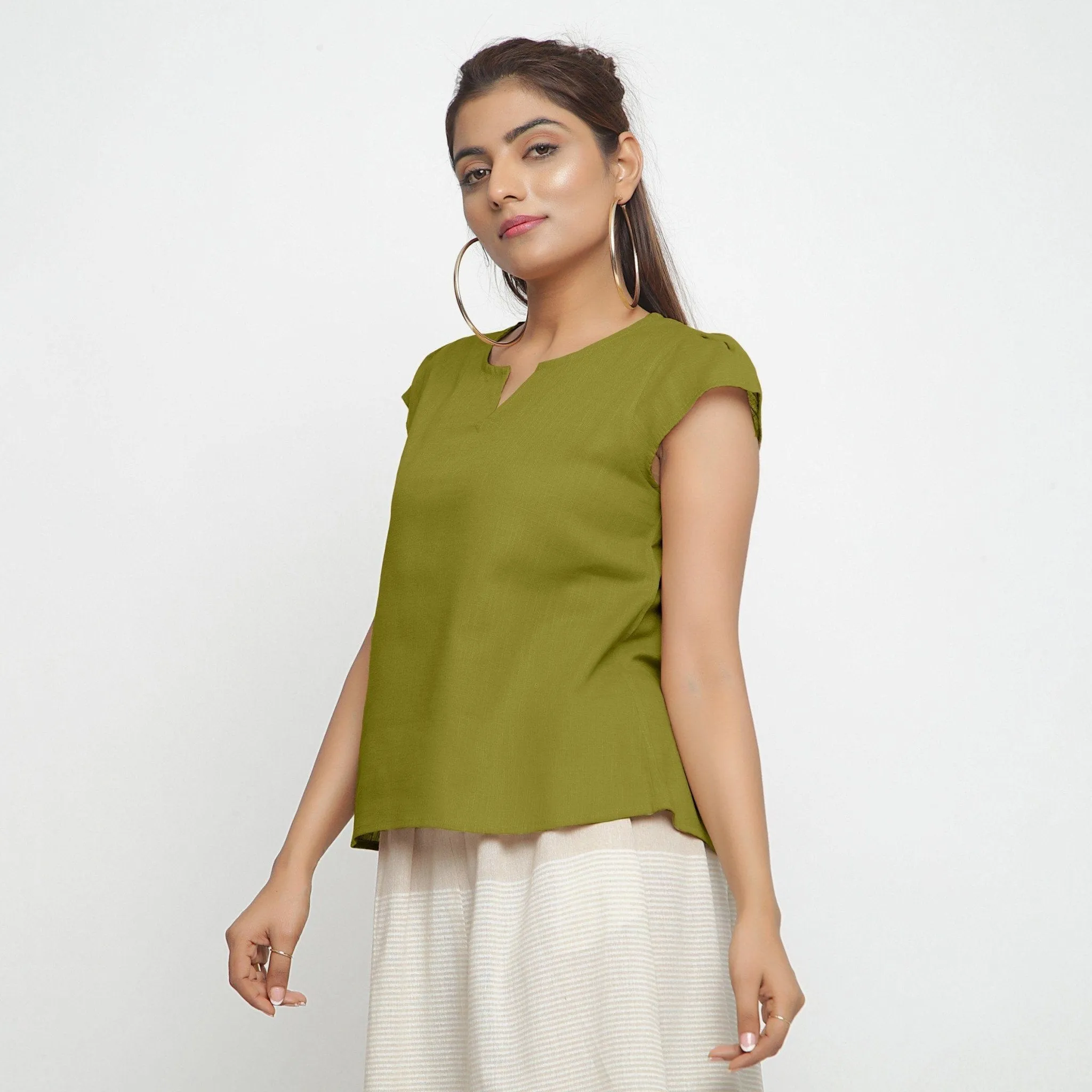 Olive Green A-Line Puff Sleeves 100% Cotton Top