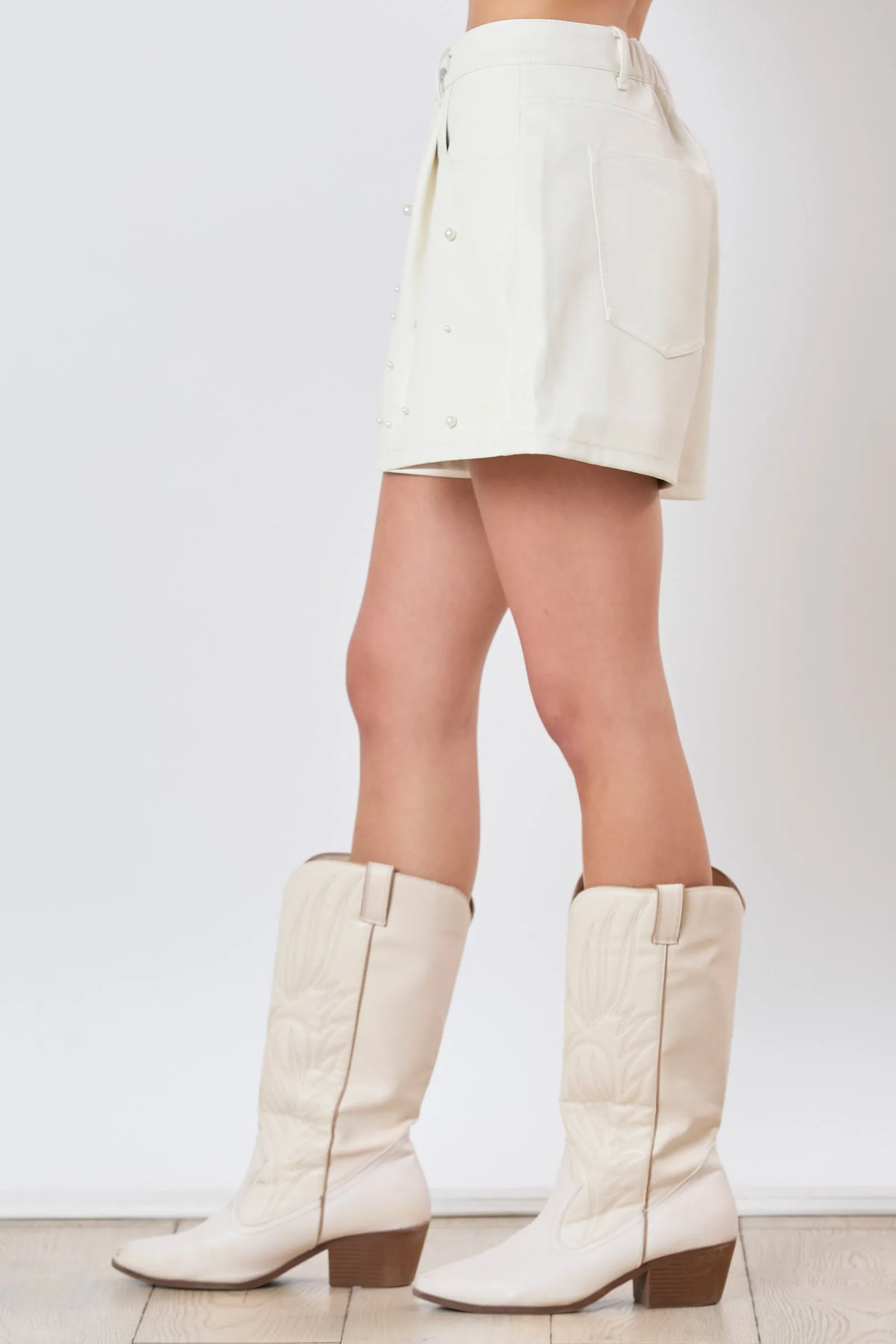 PE Pearl Embellished Leather Shorts - Off White