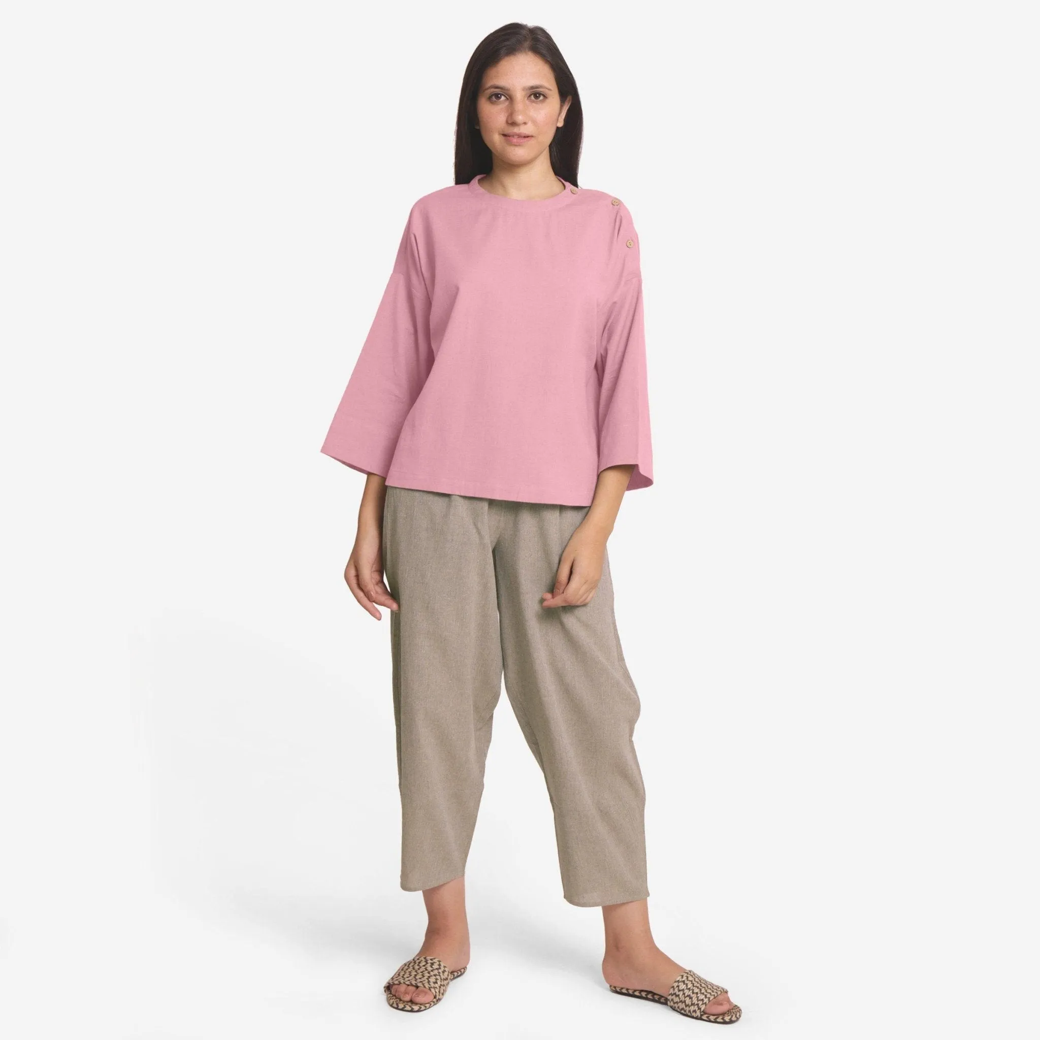 Pink Cotton Flax Round Neck Drop Shoulder Top