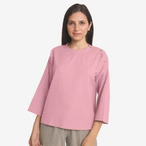 Pink Cotton Flax Round Neck Drop Shoulder Top