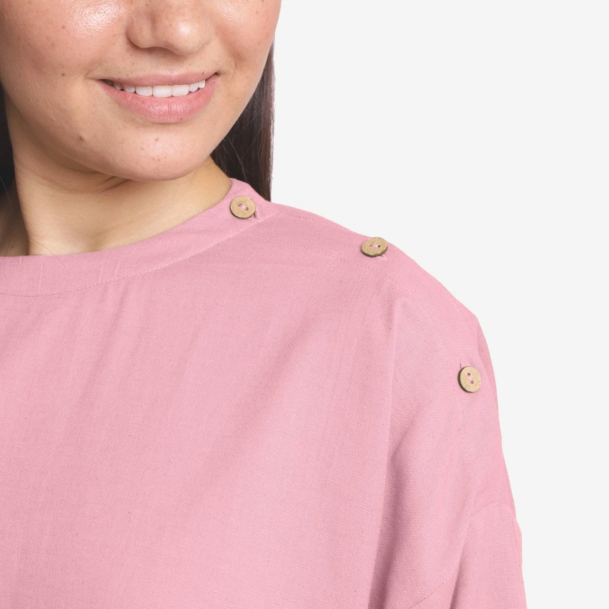Pink Cotton Flax Round Neck Drop Shoulder Top