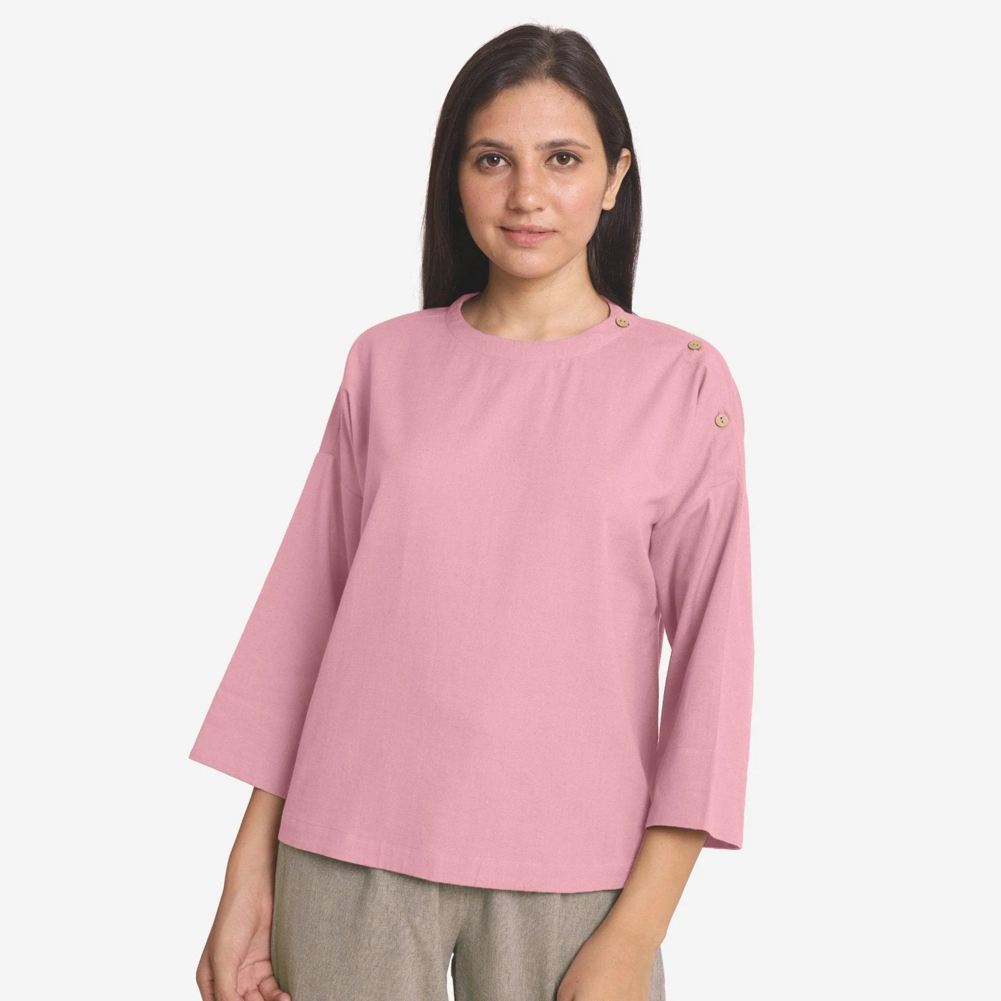 Pink Cotton Flax Round Neck Drop Shoulder Top