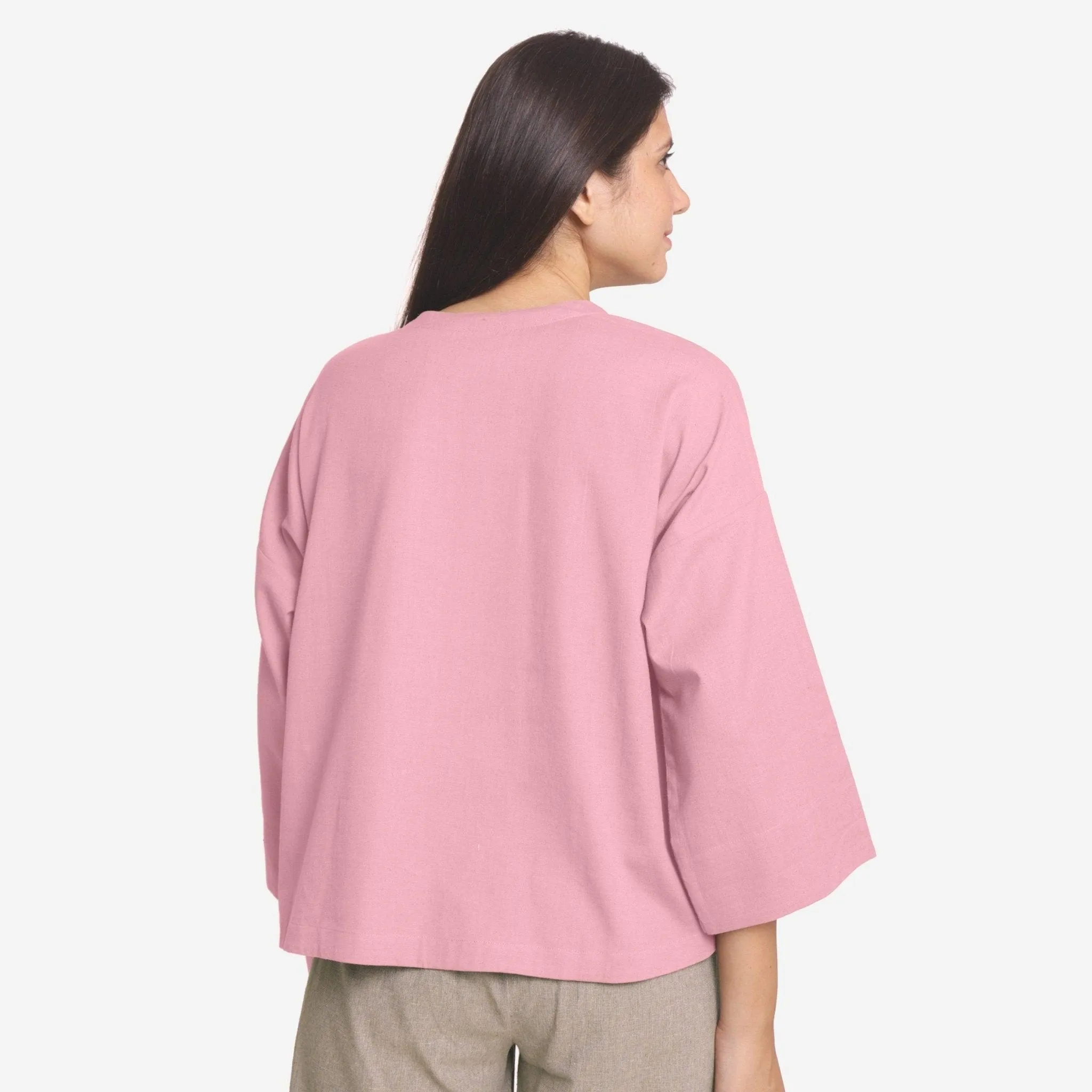 Pink Cotton Flax Round Neck Drop Shoulder Top