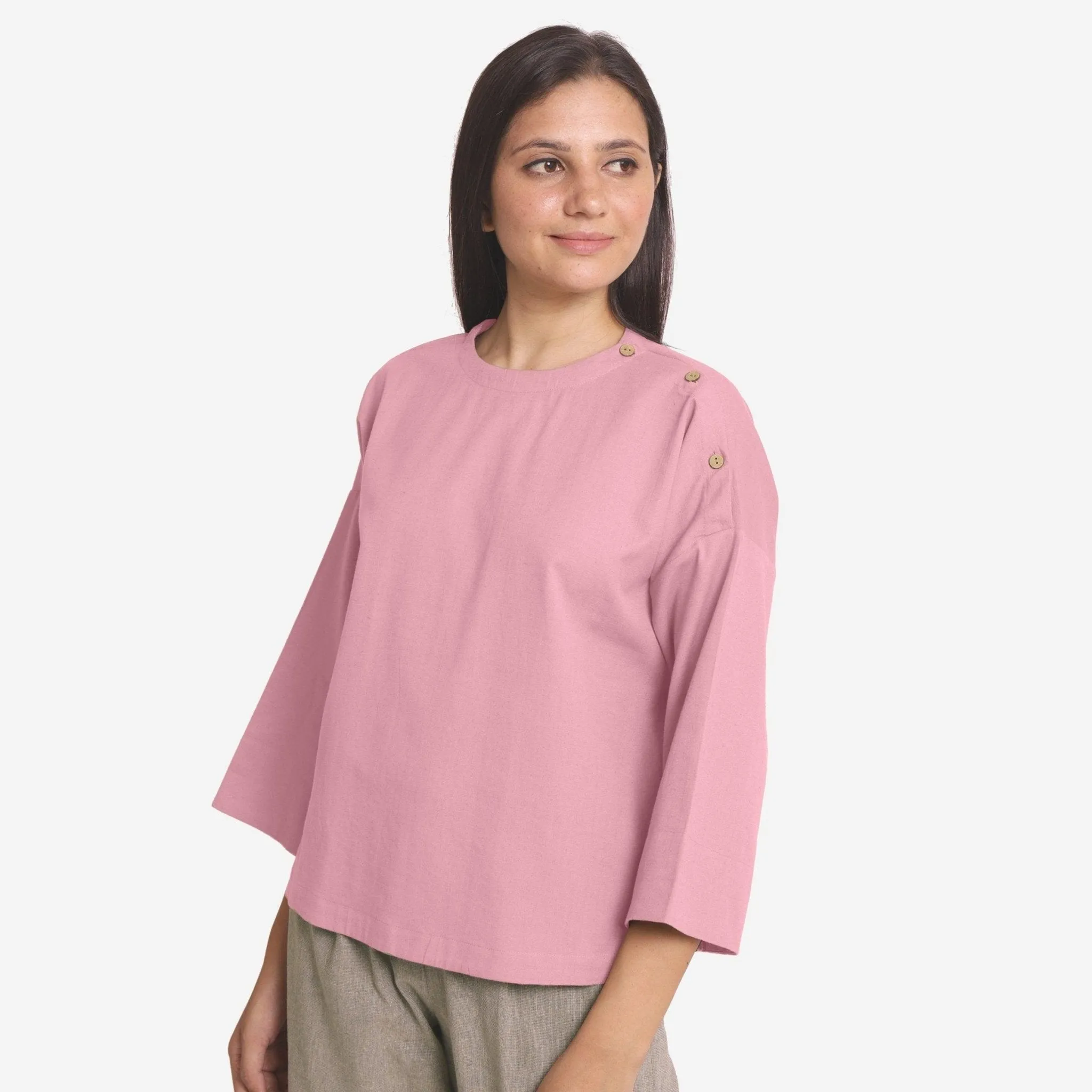 Pink Cotton Flax Round Neck Drop Shoulder Top