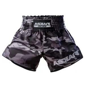 "SOLDIER" ASKARI MUAY THAI SHORTS [BLACK CAMO]