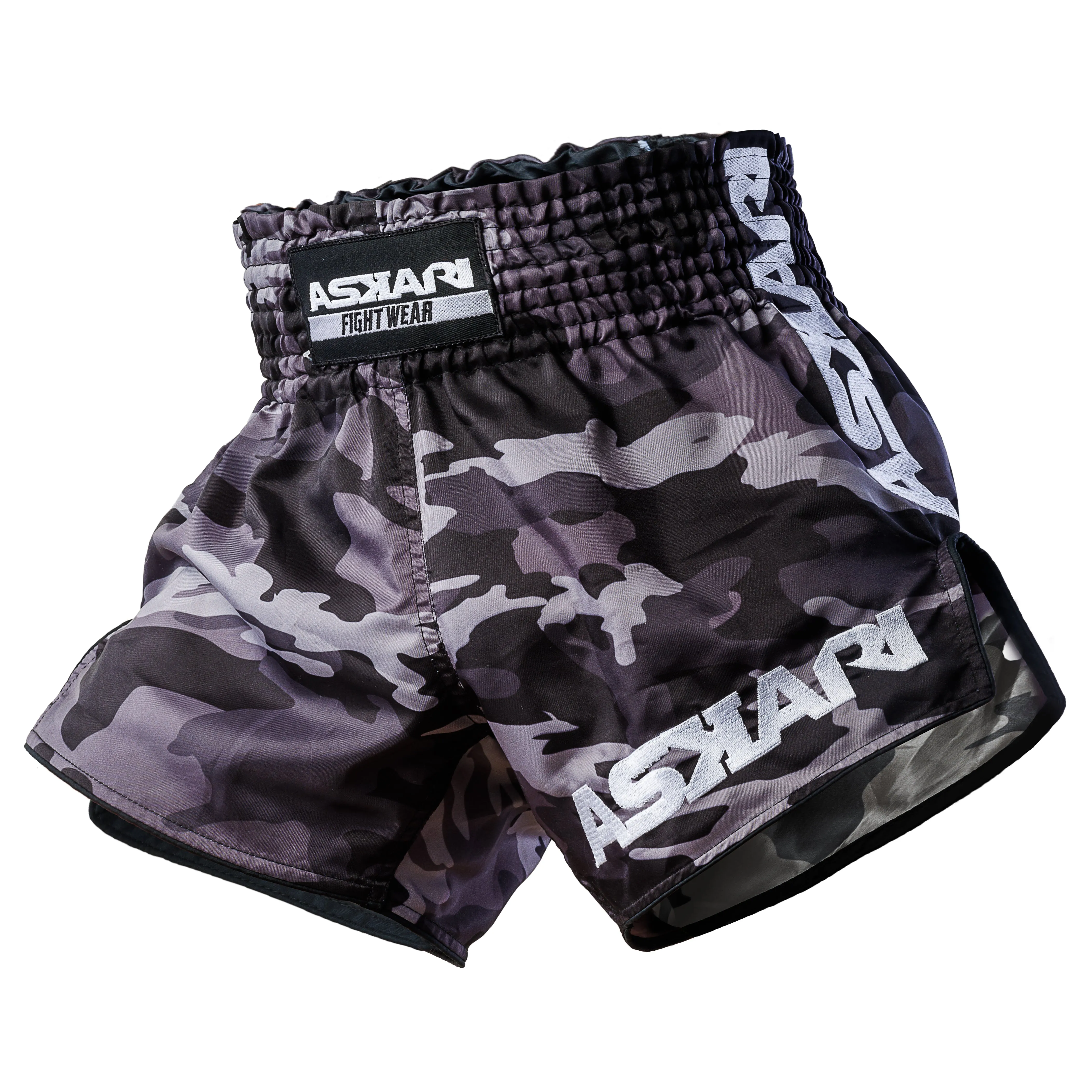 "SOLDIER" ASKARI MUAY THAI SHORTS [BLACK CAMO]