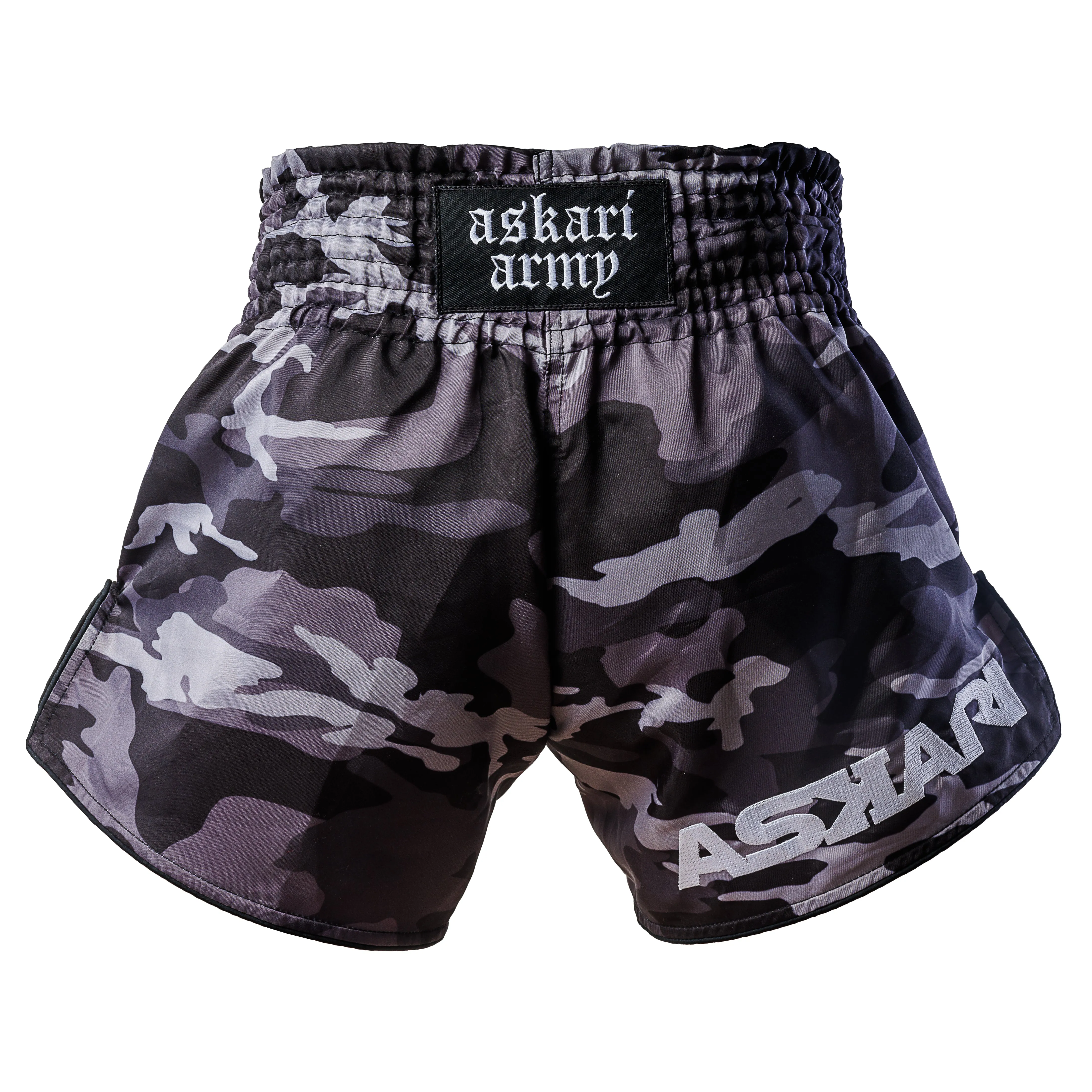 "SOLDIER" ASKARI MUAY THAI SHORTS [BLACK CAMO]