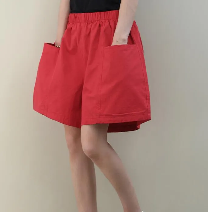 Red Cotton Linen Summer Women Shorts