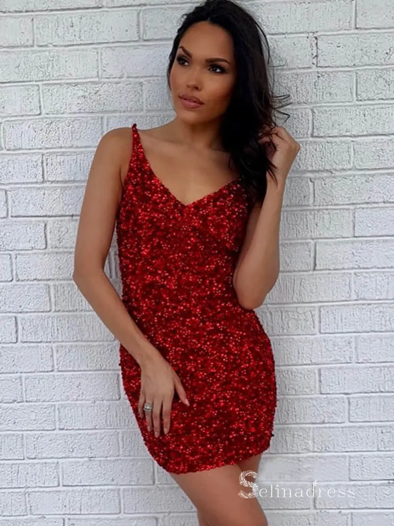 Sheath/Column V neck Burgundy Homecoming Dress Sequins Short Prom Dress MLK05173