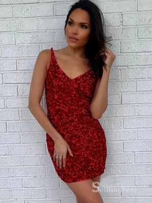 Sheath/Column V neck Burgundy Homecoming Dress Sequins Short Prom Dress MLK05173