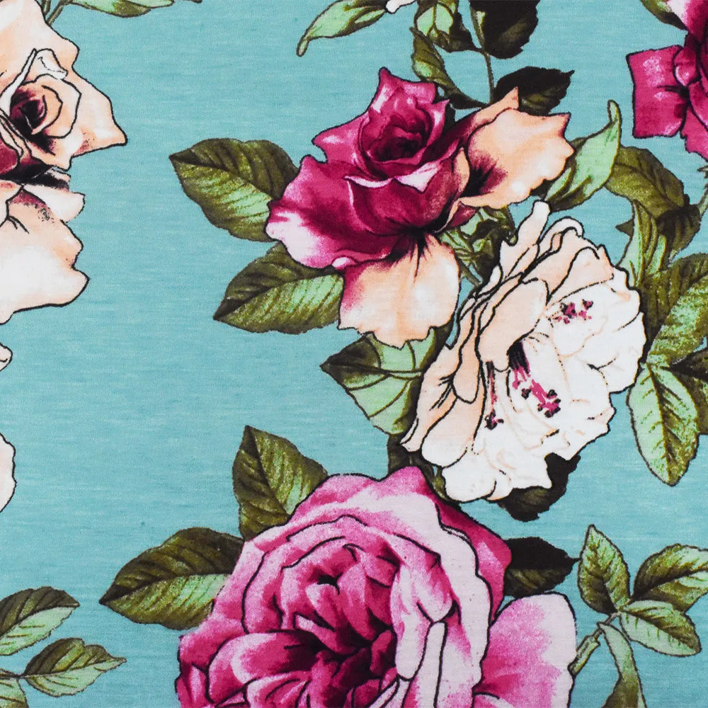 Teal-Pink-Multi Floral Printed Stretch Rayon Spandex Jersey Knit Fabric