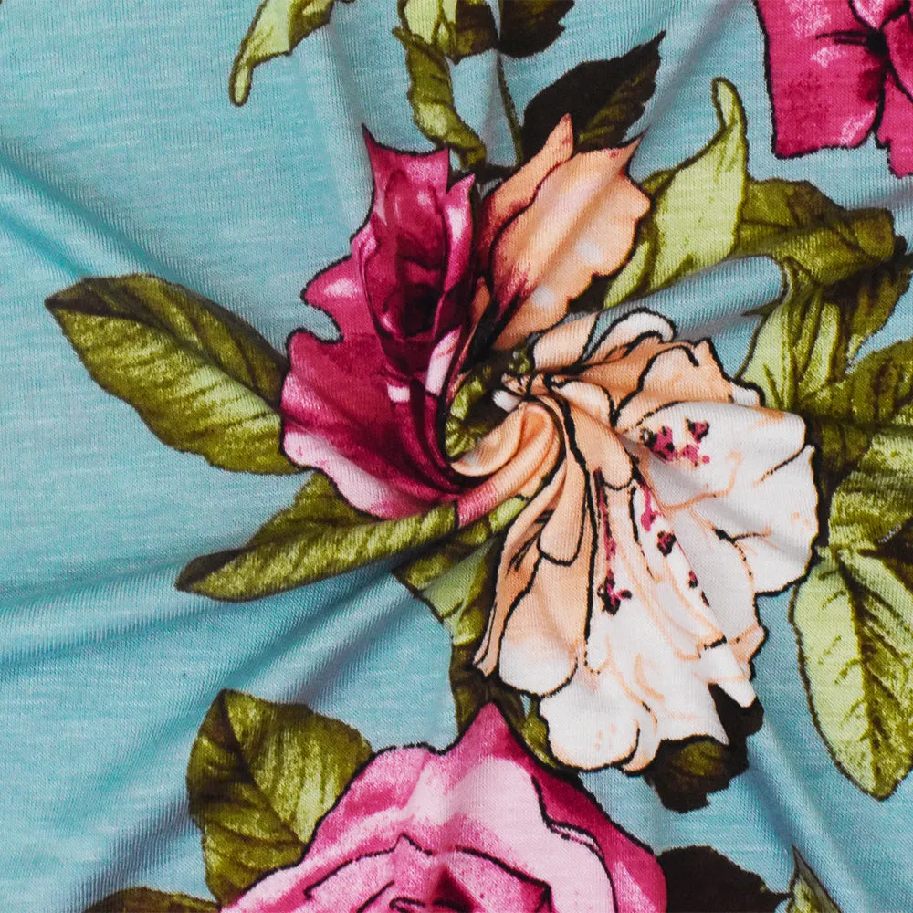 Teal-Pink-Multi Floral Printed Stretch Rayon Spandex Jersey Knit Fabric