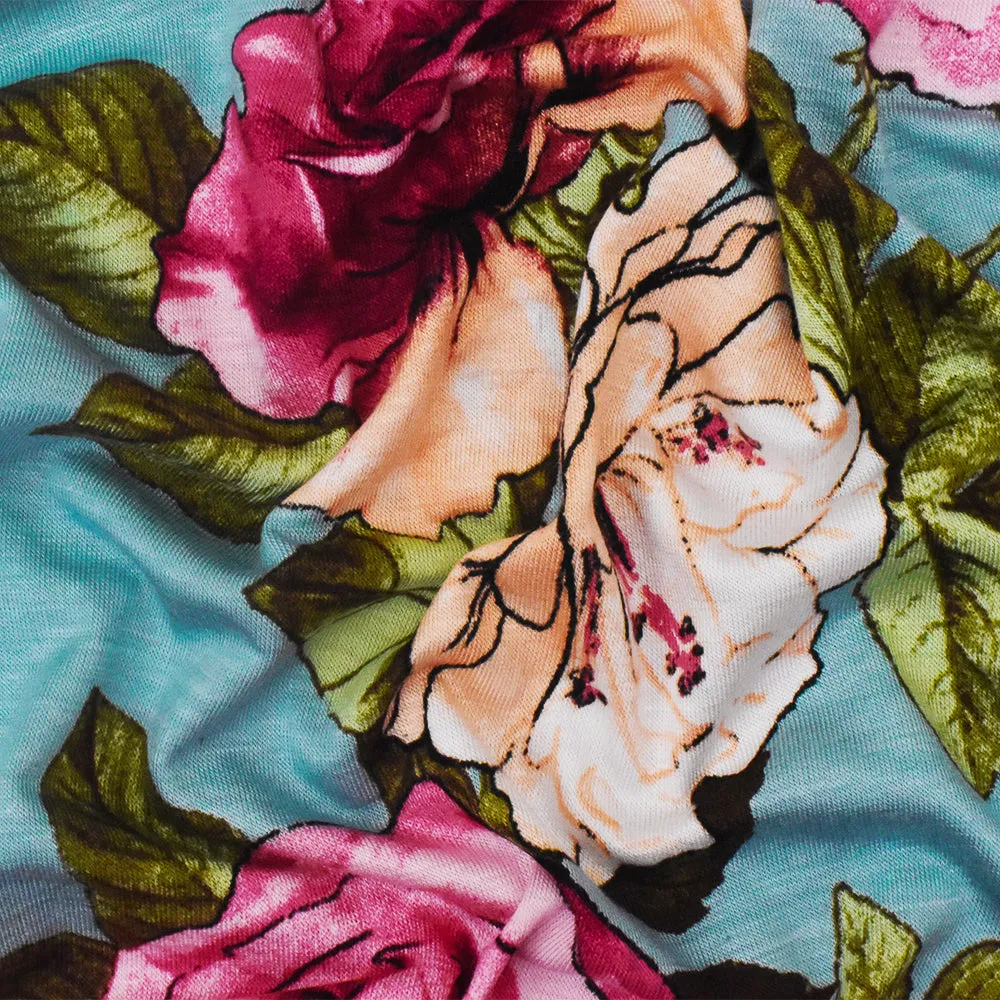 Teal-Pink-Multi Floral Printed Stretch Rayon Spandex Jersey Knit Fabric