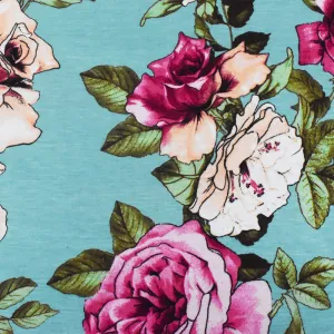 Teal-Pink-Multi Floral Printed Stretch Rayon Spandex Jersey Knit Fabric