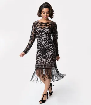 Unique Vintage 1920s Beige & Black Sequin Long Sleeve Zulma Cocktail Dress