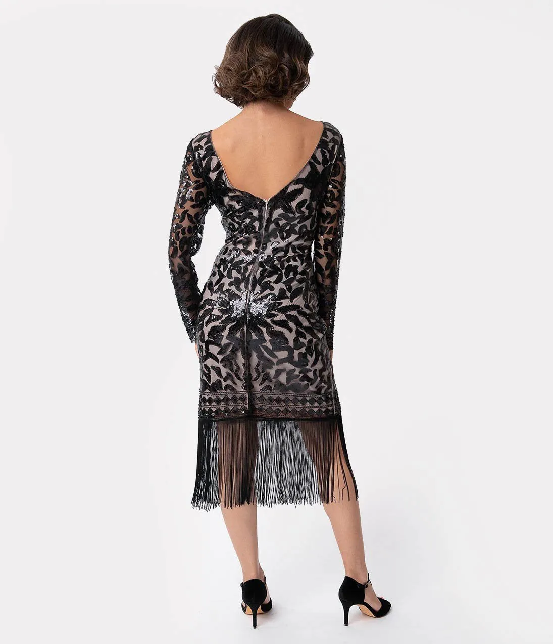 Unique Vintage 1920s Beige & Black Sequin Long Sleeve Zulma Cocktail Dress