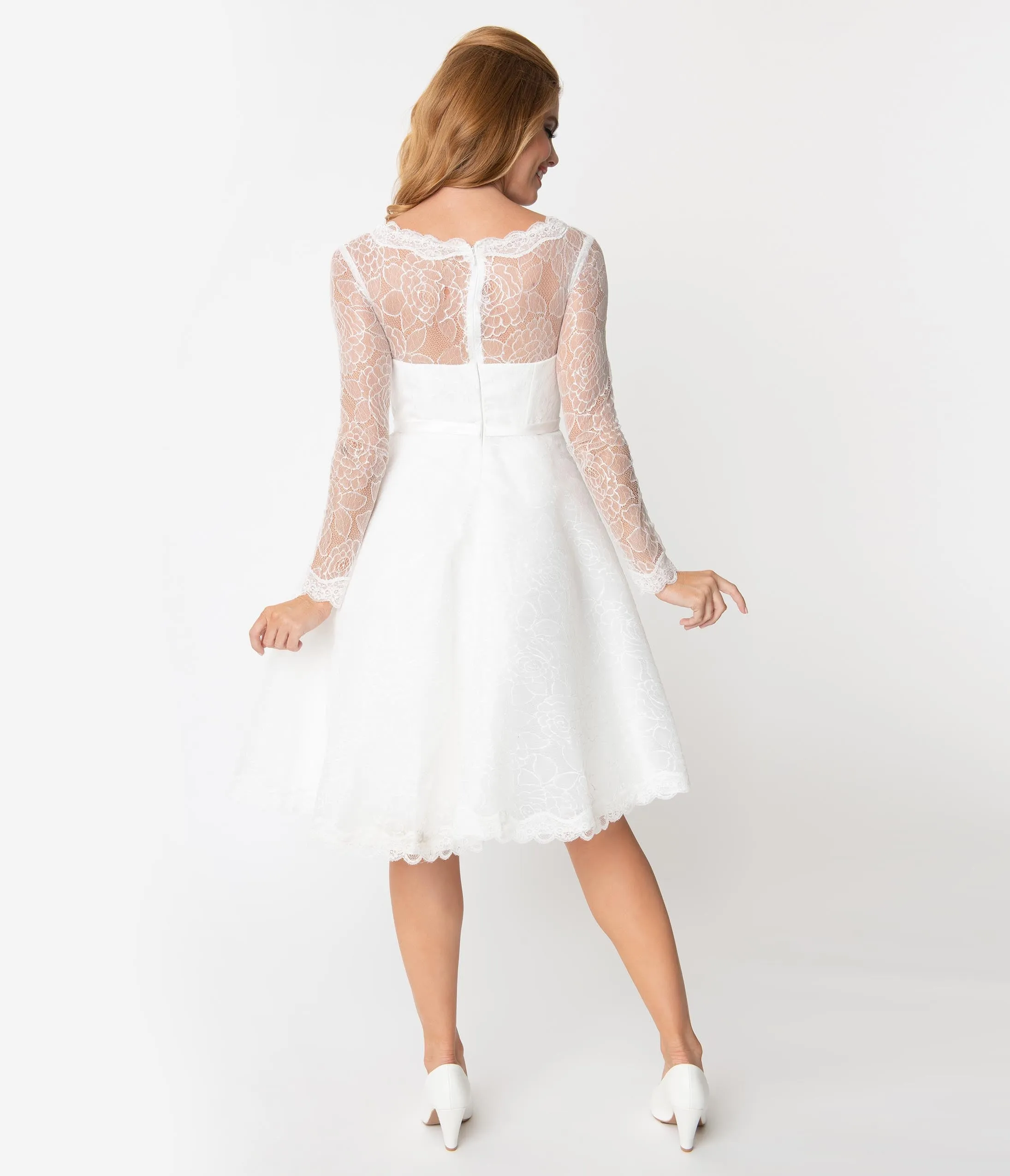 Unique Vintage 1950s White Lace Long Sleeve Martinique Bridal Dress