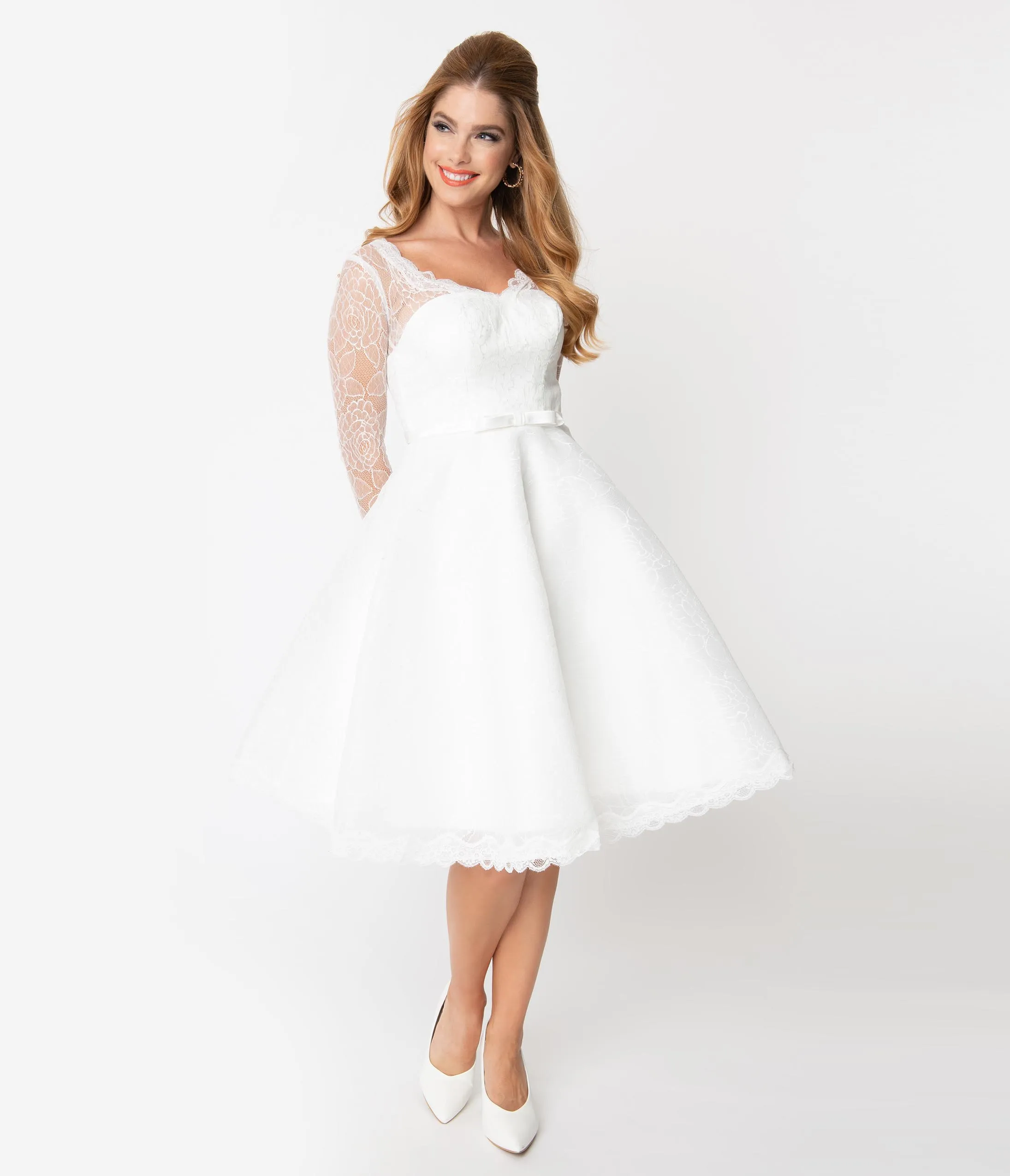 Unique Vintage 1950s White Lace Long Sleeve Martinique Bridal Dress