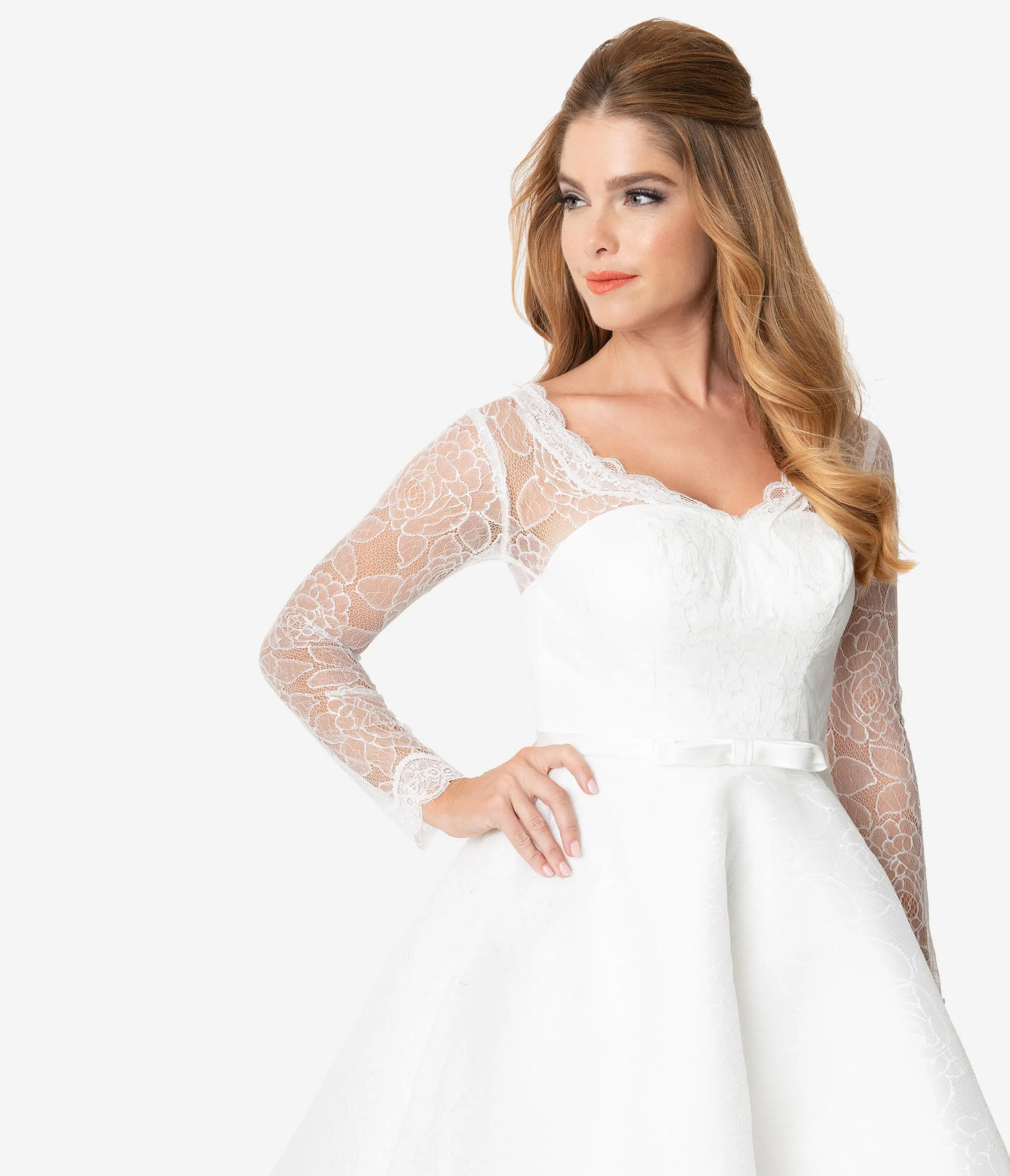Unique Vintage 1950s White Lace Long Sleeve Martinique Bridal Dress