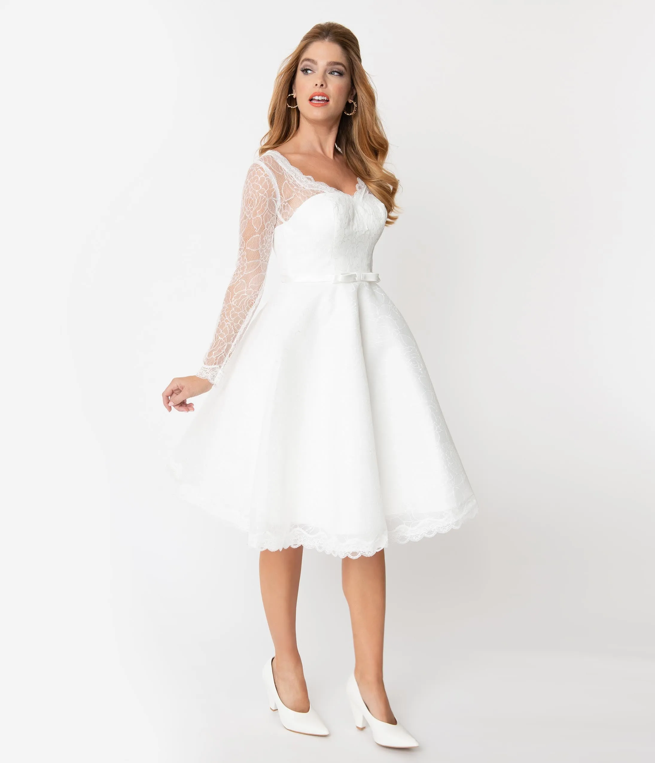 Unique Vintage 1950s White Lace Long Sleeve Martinique Bridal Dress