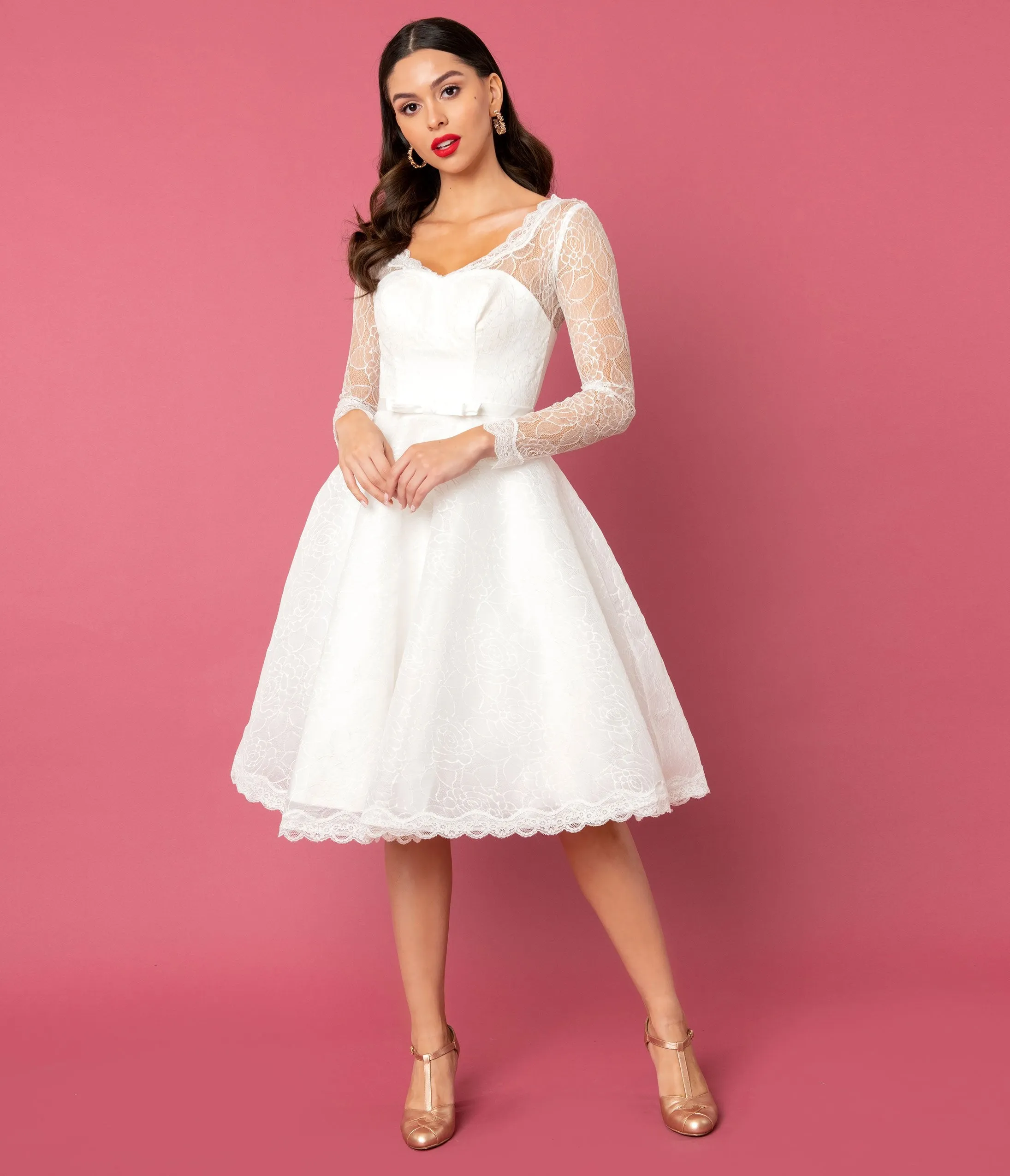 Unique Vintage 1950s White Lace Long Sleeve Martinique Bridal Dress