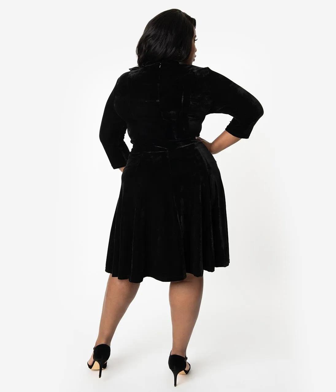 Unique Vintage Plus Size Black Velvet Three-Quarter Sleeved Parker Flare Dress