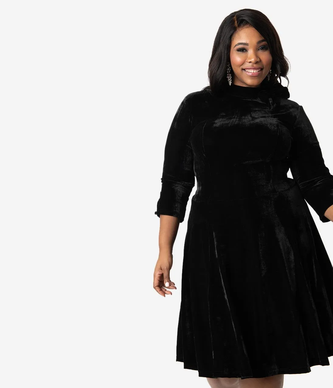 Unique Vintage Plus Size Black Velvet Three-Quarter Sleeved Parker Flare Dress