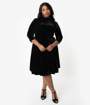 Unique Vintage Plus Size Black Velvet Three-Quarter Sleeved Parker Flare Dress