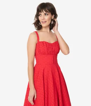 Vintage Style Red Floral Eyelet Valerie Swing Dress