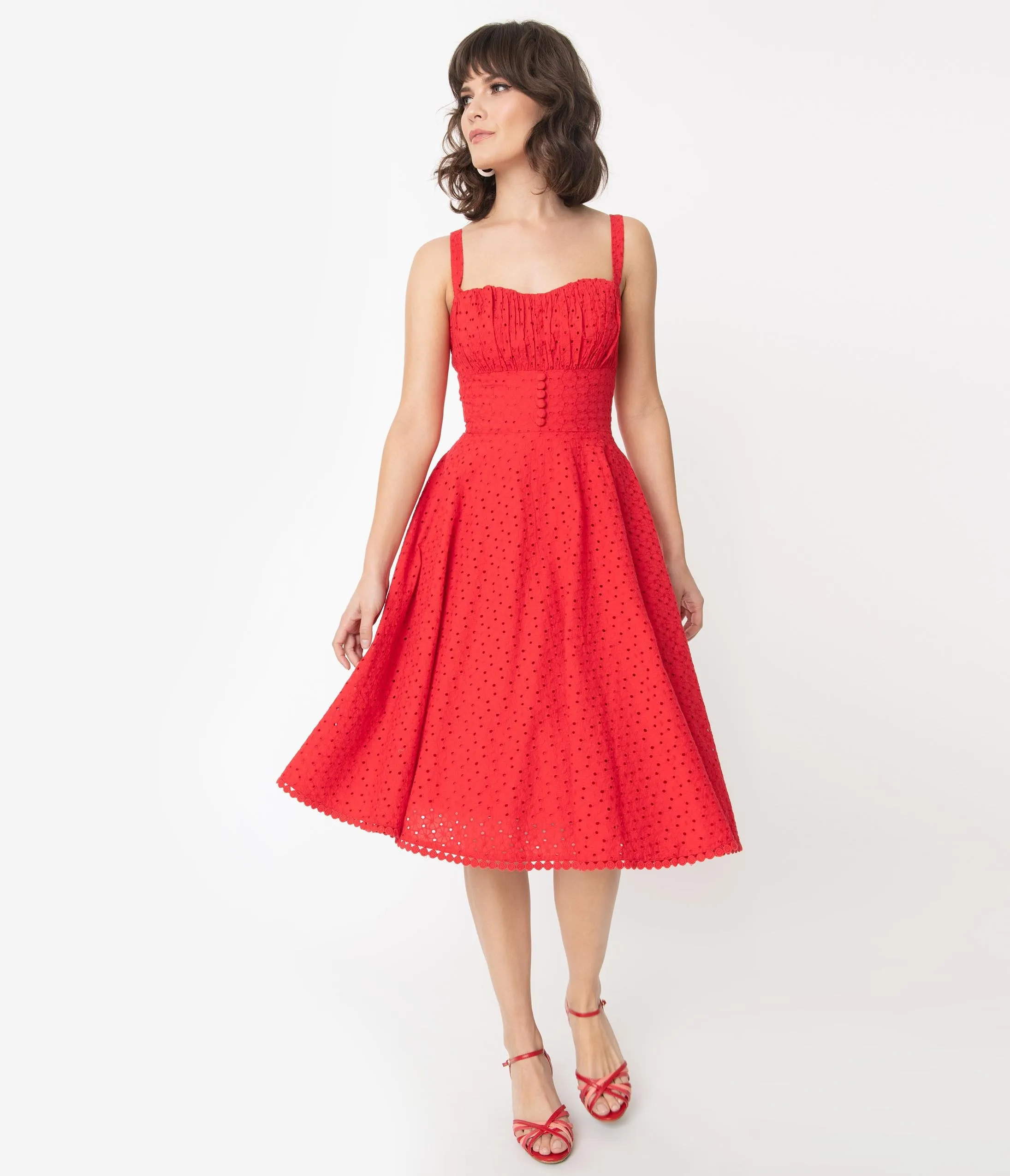 Vintage Style Red Floral Eyelet Valerie Swing Dress