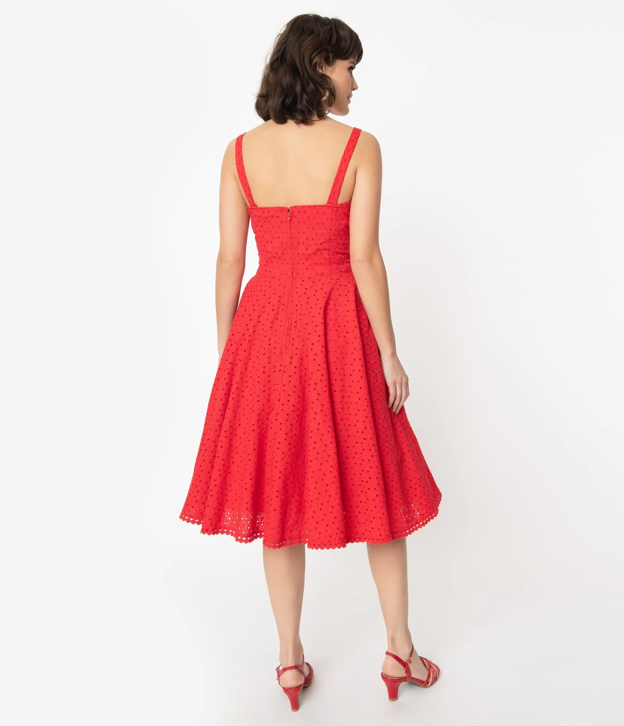 Vintage Style Red Floral Eyelet Valerie Swing Dress