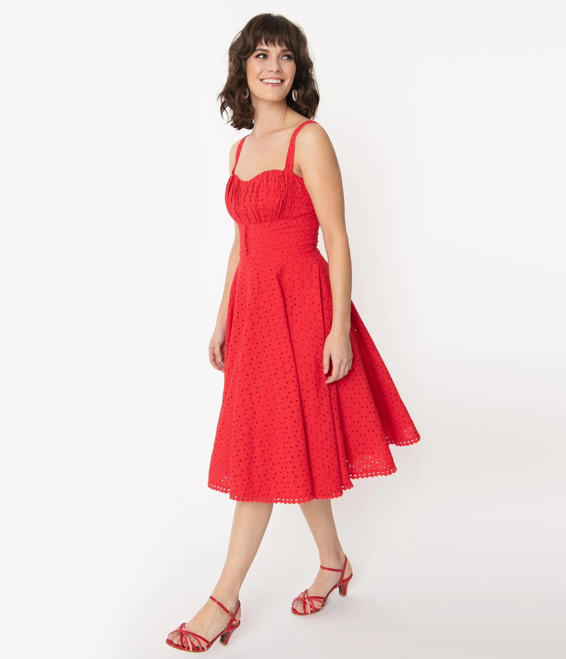 Vintage Style Red Floral Eyelet Valerie Swing Dress
