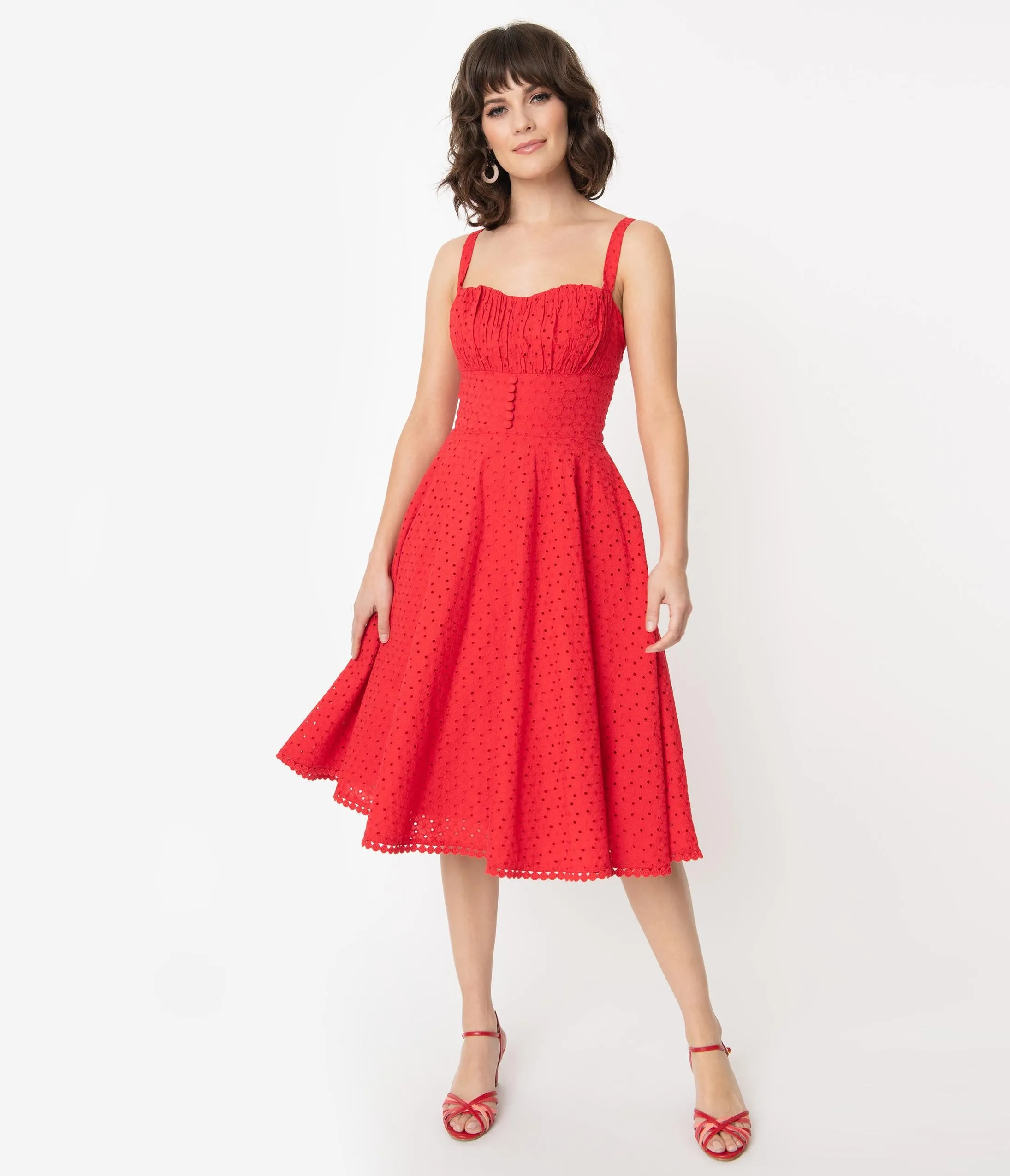 Vintage Style Red Floral Eyelet Valerie Swing Dress