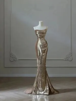 Wenkouban-Christmas Thanksgiving Gift New Year's Eve Dress party look inspos back to school dress  Metallic Gold Mermaid Dress