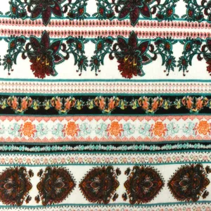 White-Teal-Multi Mix Pattern Stripe Print Rayon Stretch Jersey Knit Fabric