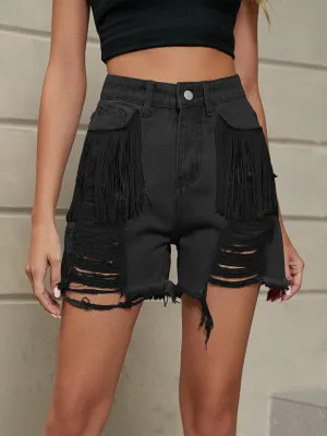 Women's Fringe Ripped Denim Shorts