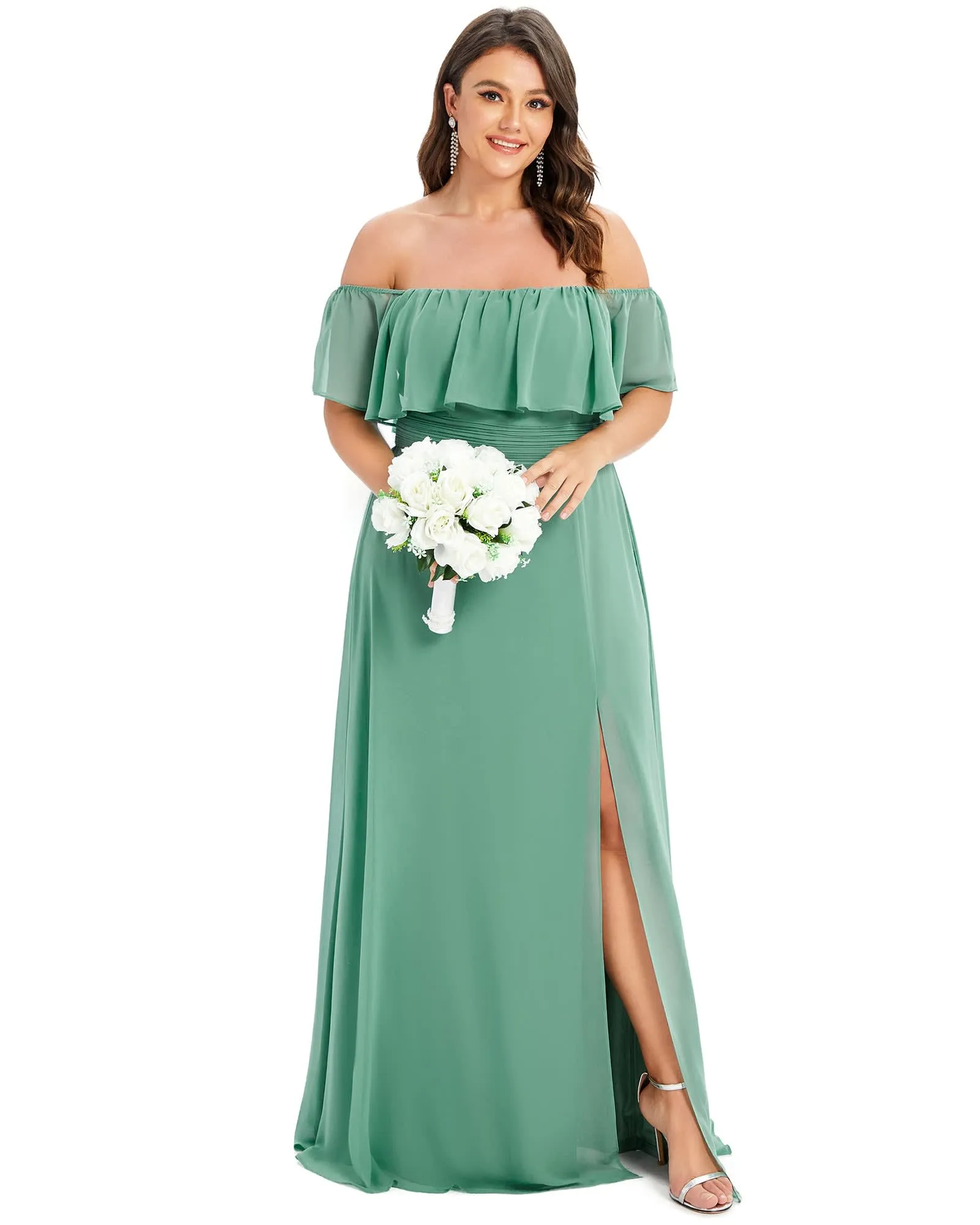 Women's Off Shoulder Ruffle Thigh Slit Bridesmaid Dresses | Green Bean