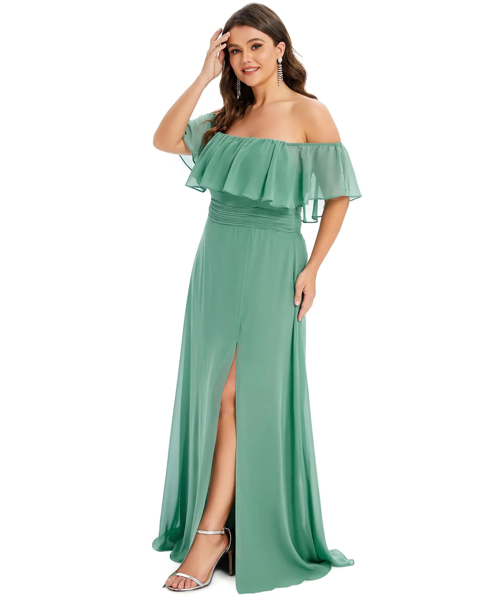 Women's Off Shoulder Ruffle Thigh Slit Bridesmaid Dresses | Green Bean