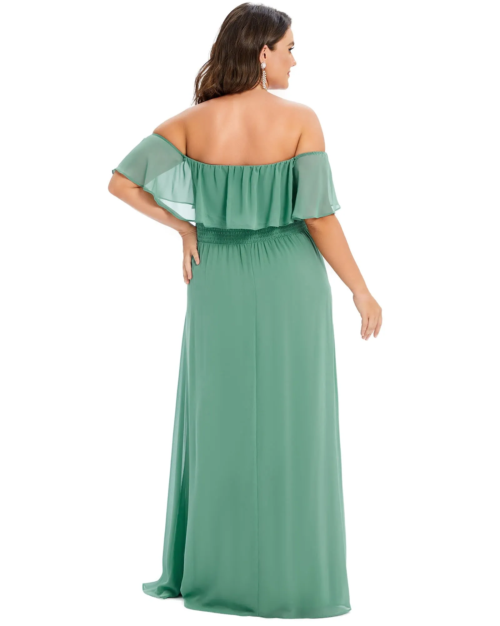 Women's Off Shoulder Ruffle Thigh Slit Bridesmaid Dresses | Green Bean