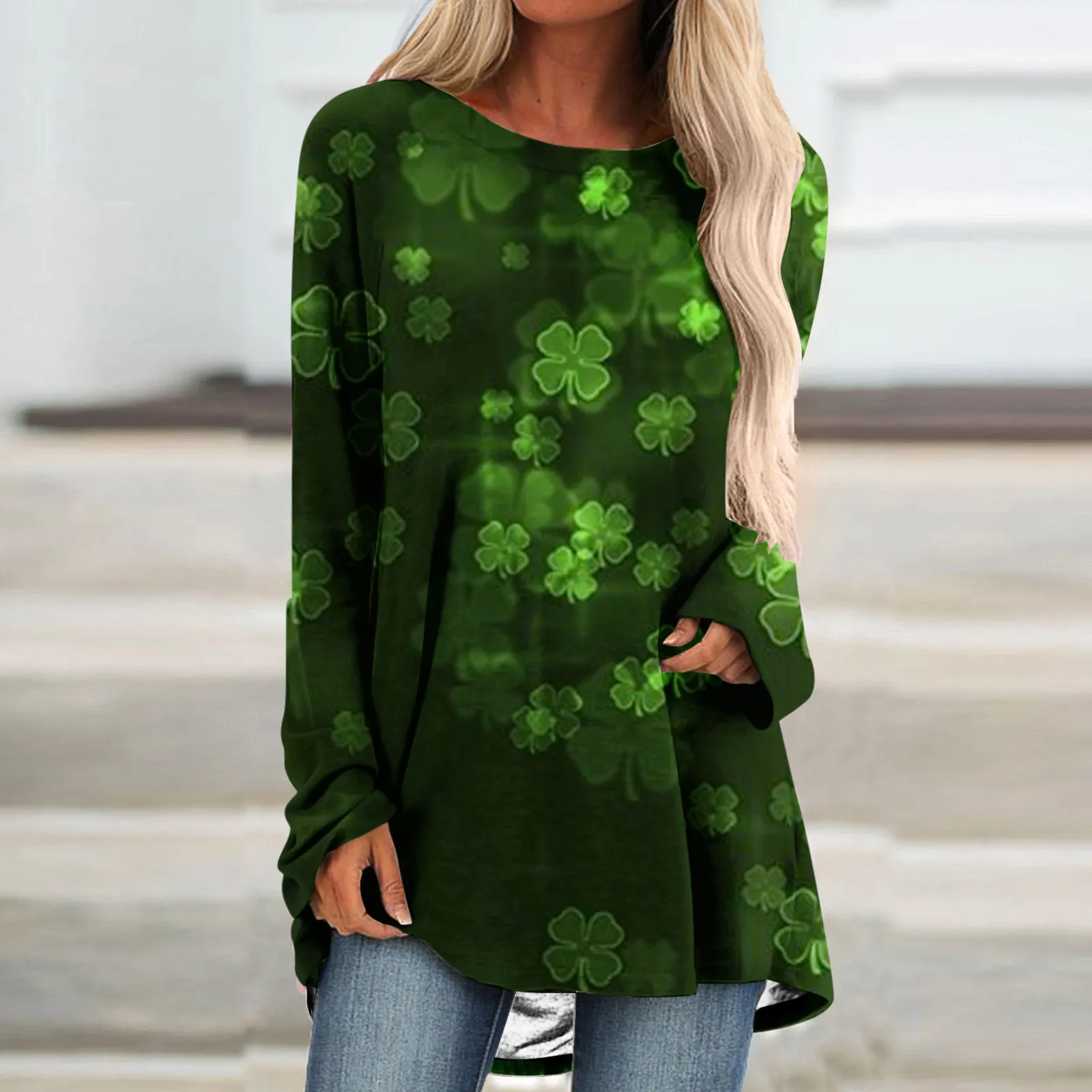 Womens Shamrock Casual Crewneck Long Sleeve Long Tunics Tops