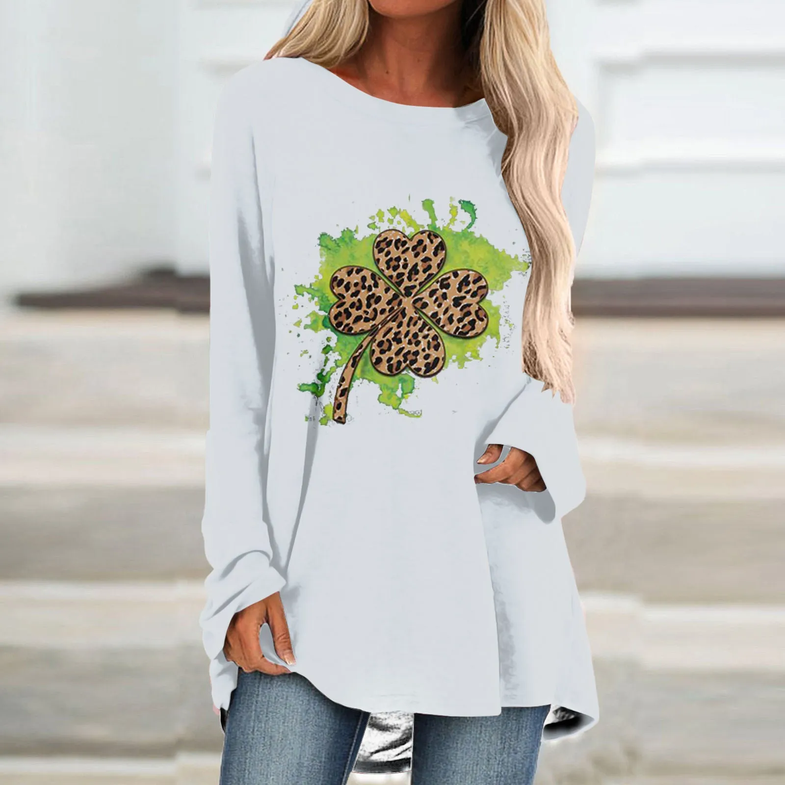 Womens Shamrock Casual Crewneck Long Sleeve Long Tunics Tops