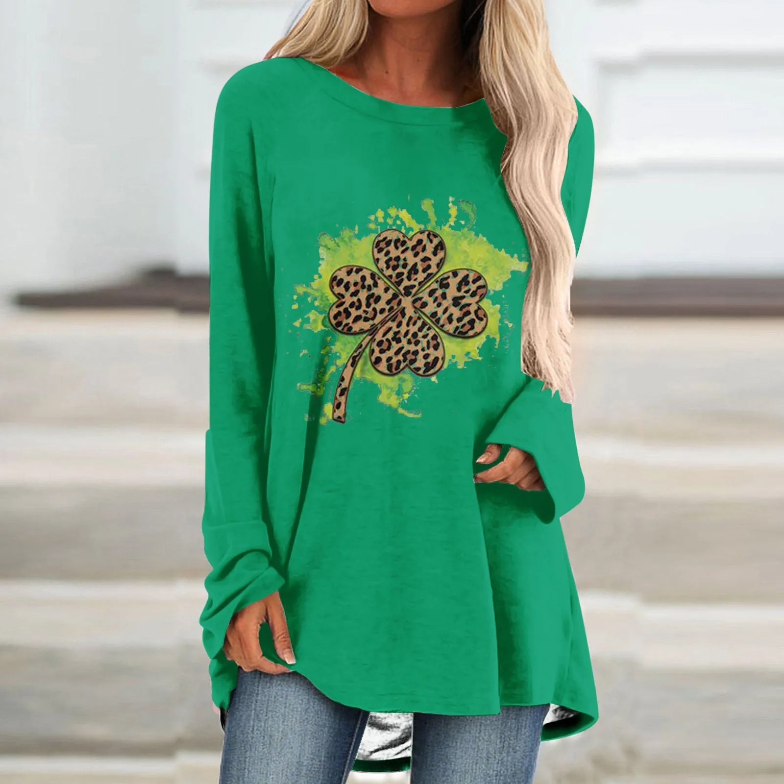 Womens Shamrock Casual Crewneck Long Sleeve Long Tunics Tops