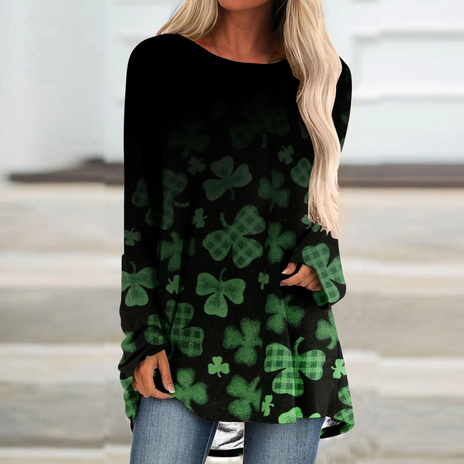 Womens Shamrock Casual Crewneck Long Sleeve Long Tunics Tops