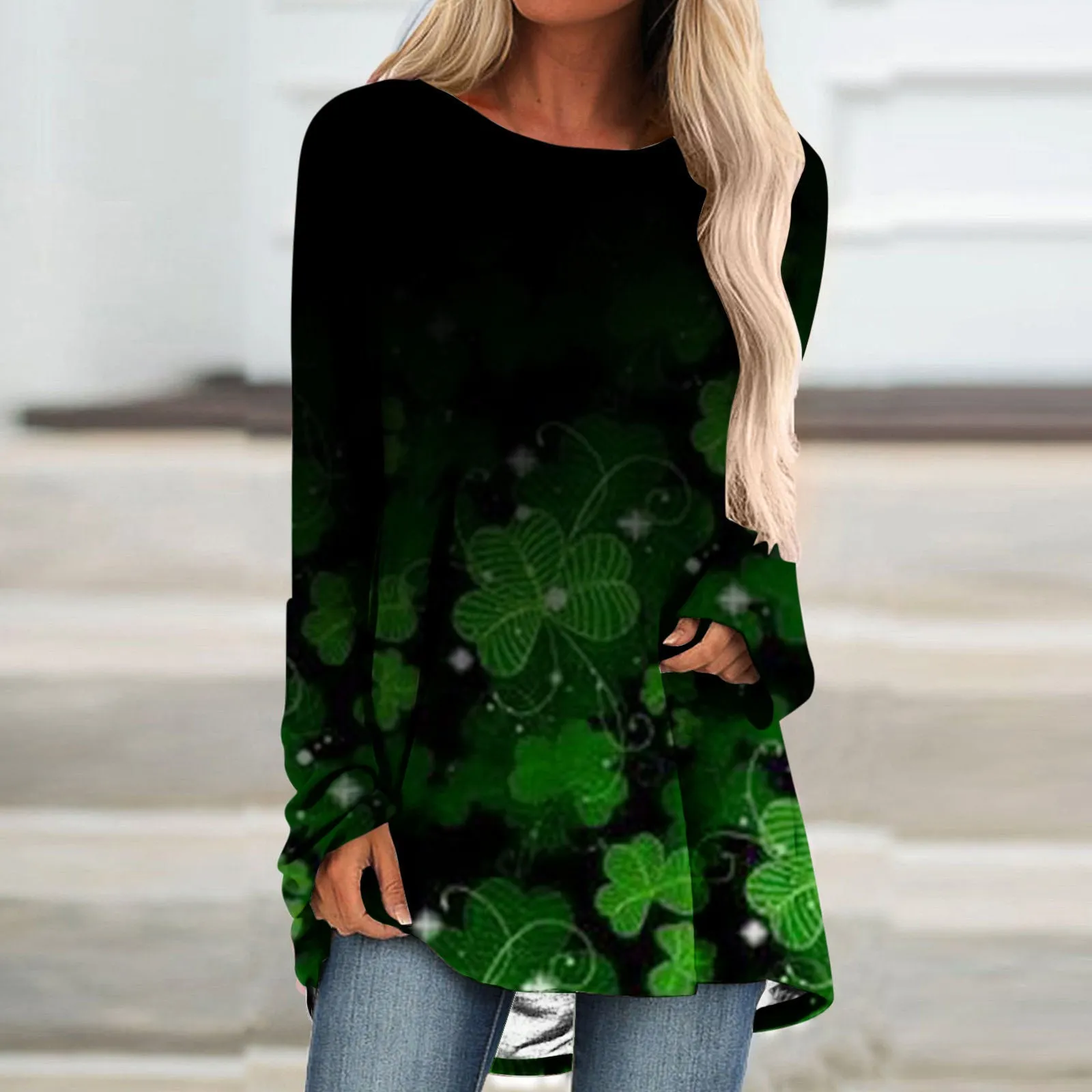 Womens Shamrock Casual Crewneck Long Sleeve Long Tunics Tops