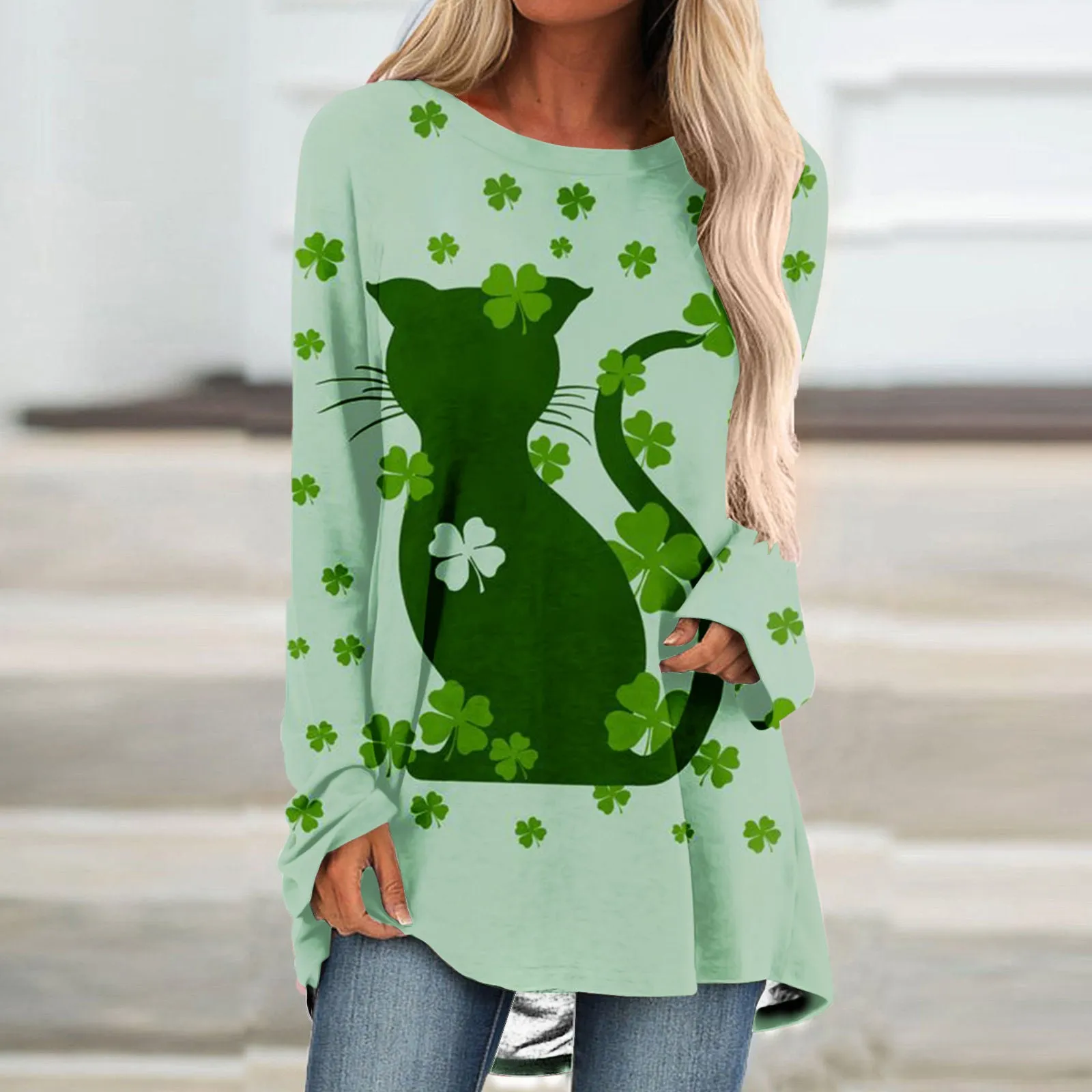 Womens Shamrock Casual Crewneck Long Sleeve Long Tunics Tops